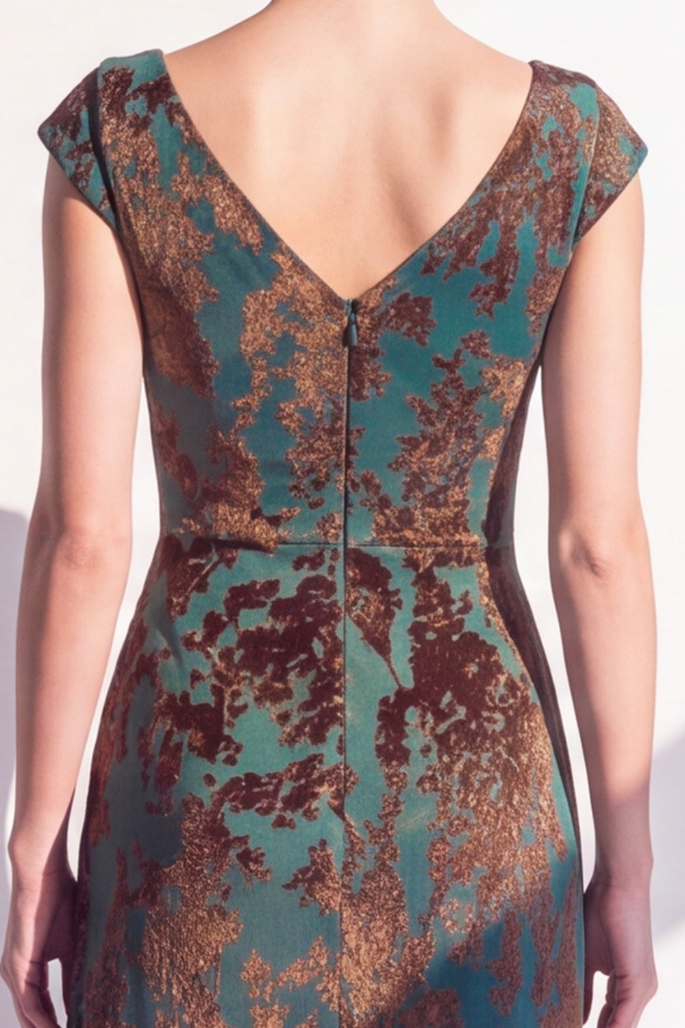Dark Green Floral V-Neck Ruched Long Velvet Holiday Dress