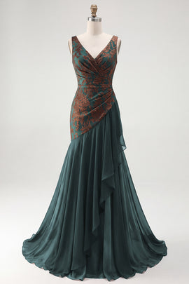 Dark Green Floral Mermaid V-Neck Ruched Long Velvet Holiday Dress