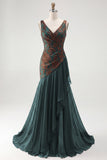 Dark Green Floral Mermaid V-Neck Ruched Long Velvet Holiday Dress