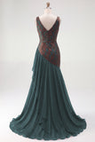 Dark Green Floral Mermaid V-Neck Ruched Long Velvet Holiday Dress