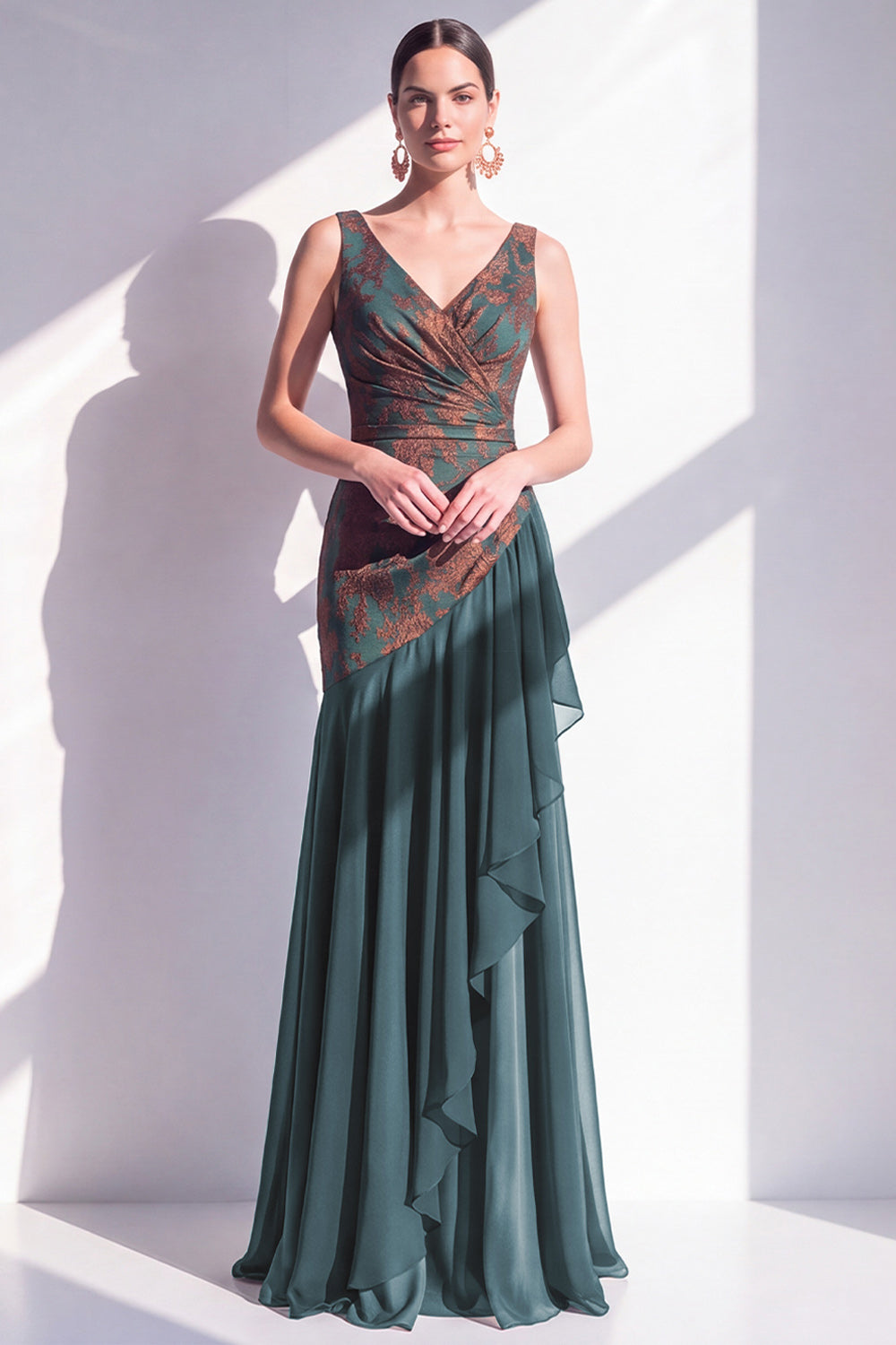 Dark Green Floral Mermaid V-Neck Ruched Long Velvet Holiday Dress