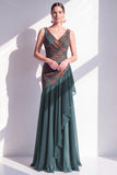 Dark Green Floral Mermaid V-Neck Ruched Long Velvet Holiday Dress