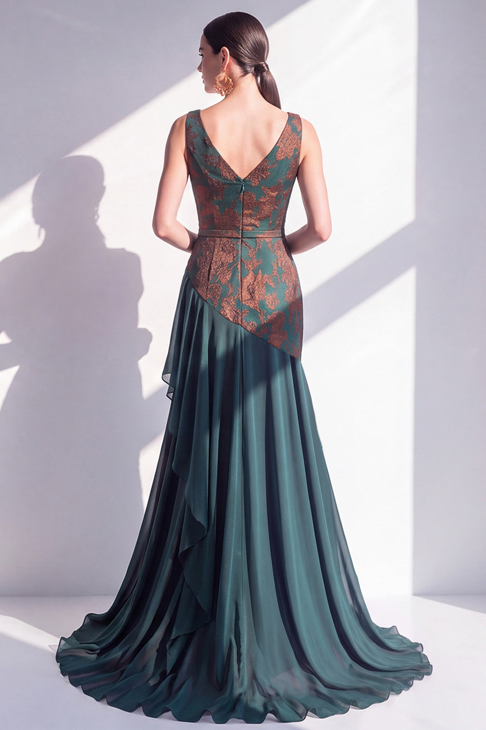Dark Green Floral Mermaid V-Neck Ruched Long Velvet Holiday Dress