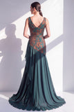 Dark Green Floral Mermaid V-Neck Ruched Long Velvet Holiday Dress
