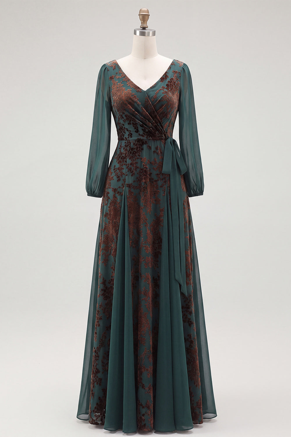 Dark Green Floral V-Neck Ruched Long Sleeves Velvet Holiday Dress with Sash