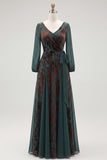 Dark Green Floral V-Neck Ruched Long Sleeves Velvet Holiday Dress with Sash
