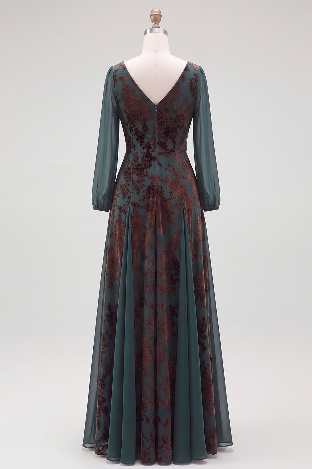 Dark Green Floral V-Neck Ruched Long Sleeves Velvet Holiday Dress with Sash
