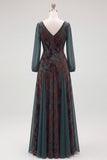 Dark Green Floral V-Neck Ruched Long Sleeves Velvet Holiday Dress with Sash