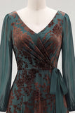 Dark Green Floral V-Neck Ruched Long Sleeves Velvet Holiday Dress with Sash