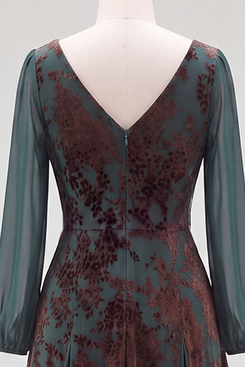 Dark Green Floral V-Neck Ruched Long Sleeves Velvet Holiday Dress with Sash