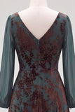 Dark Green Floral V-Neck Ruched Long Sleeves Velvet Holiday Dress with Sash