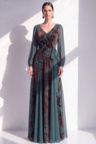 Dark Green Floral V-Neck Ruched Long Sleeves Velvet Holiday Dress with Sash