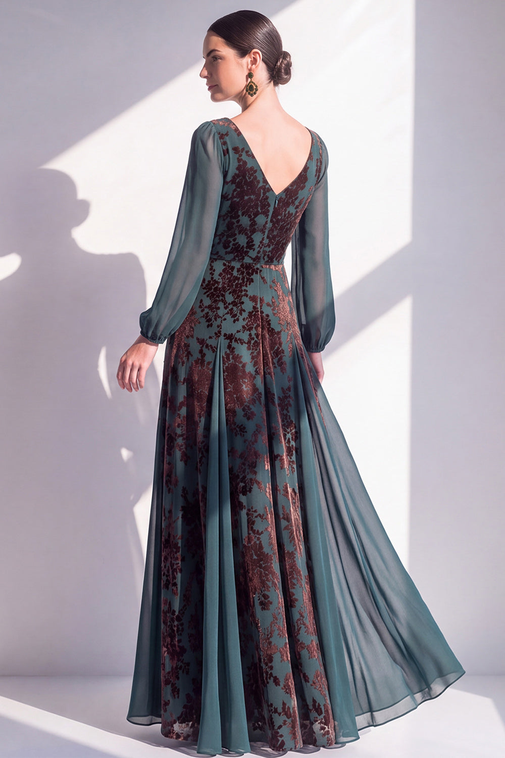 Dark Green Floral V-Neck Ruched Long Sleeves Velvet Holiday Dress with Sash