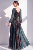 Dark Green Floral V-Neck Ruched Long Sleeves Velvet Holiday Dress with Sash