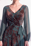 Dark Green Floral V-Neck Ruched Long Sleeves Velvet Holiday Dress with Sash