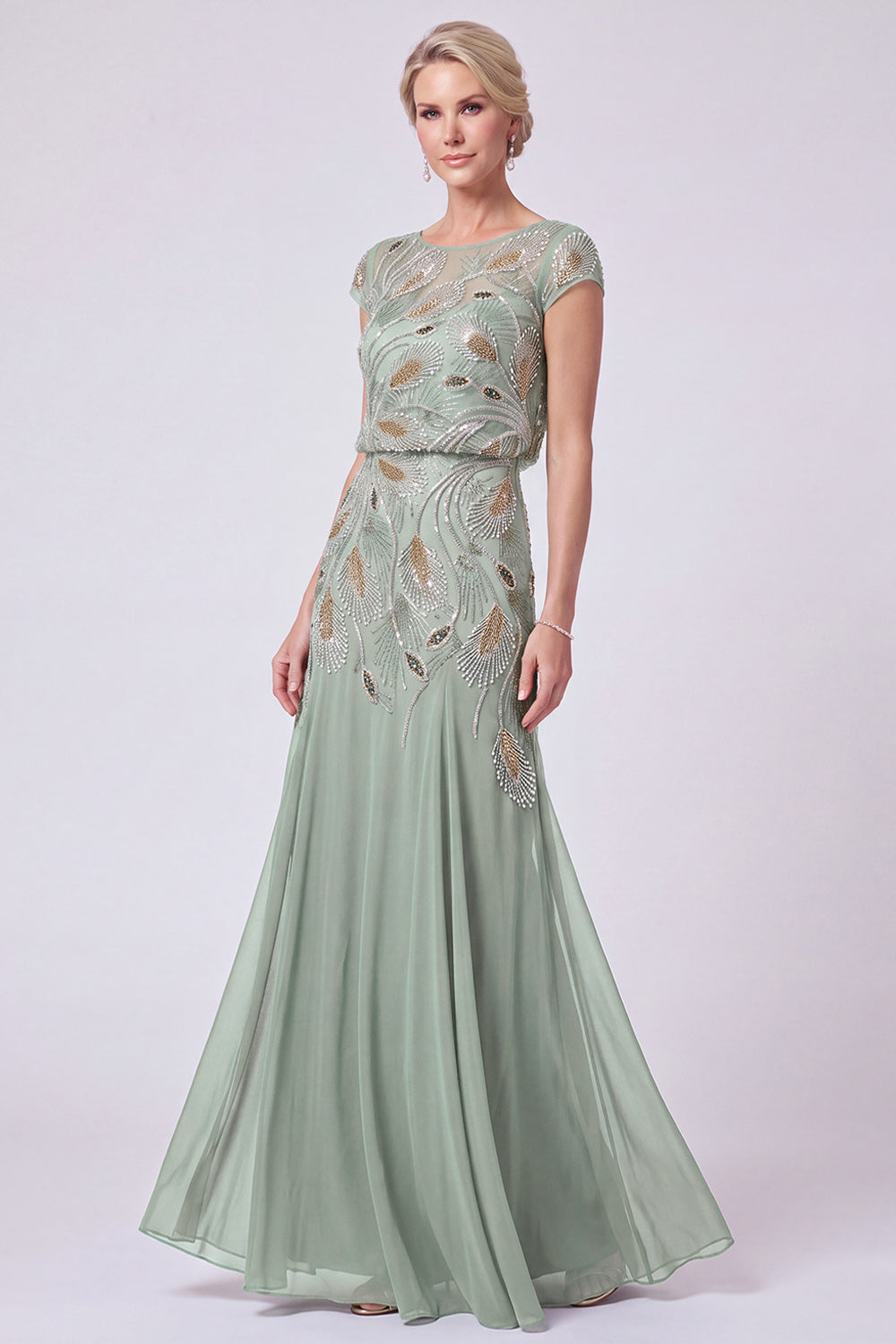 Green Chiffon Beaded Sheath Cap Sleeves Long Mother of the Bride Dress