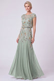 Green Chiffon Beaded Sheath Cap Sleeves Long Mother of the Bride Dress
