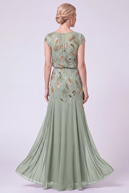 Green Chiffon Beaded Sheath Cap Sleeves Long Mother of the Bride Dress