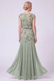 Green Chiffon Beaded Sheath Cap Sleeves Long Mother of the Bride Dress