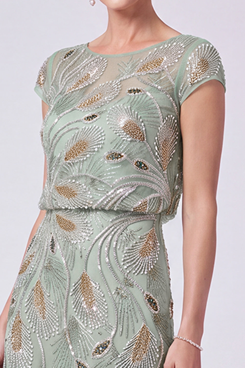 Green Chiffon Beaded Sheath Cap Sleeves Long Mother of the Bride Dress