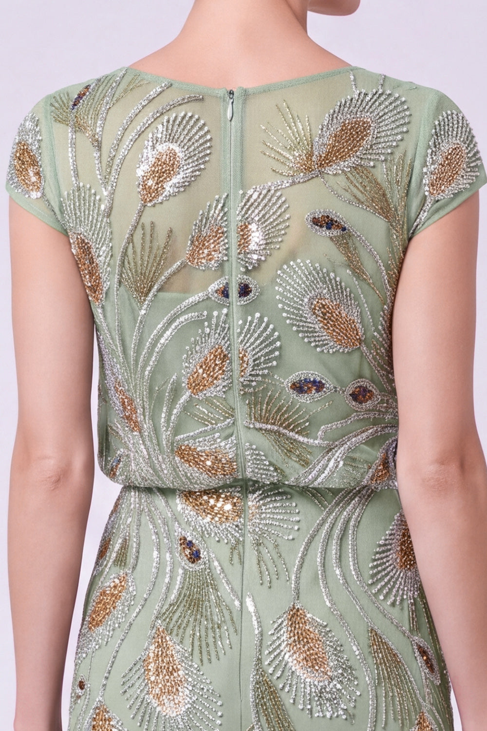Green Chiffon Beaded Sheath Cap Sleeves Long Mother of the Bride Dress