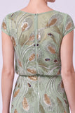 Green Chiffon Beaded Sheath Cap Sleeves Long Mother of the Bride Dress