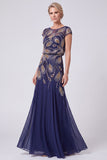 Green Chiffon Beaded Sheath Cap Sleeves Long Mother of the Bride Dress