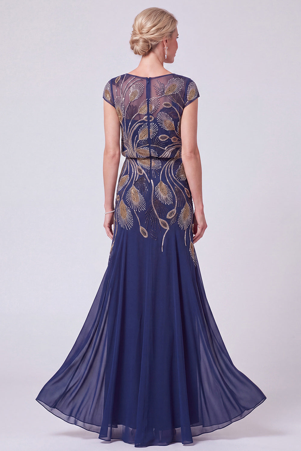 Green Chiffon Beaded Sheath Cap Sleeves Long Mother of the Bride Dress