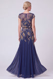 Green Chiffon Beaded Sheath Cap Sleeves Long Mother of the Bride Dress