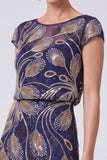 Green Chiffon Beaded Sheath Cap Sleeves Long Mother of the Bride Dress