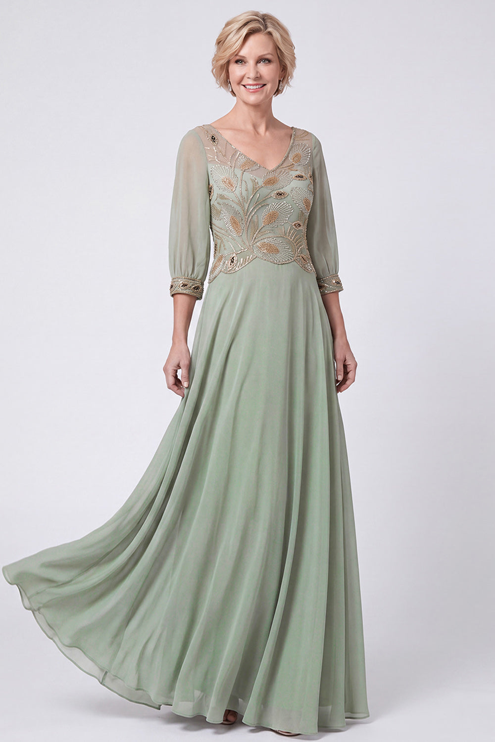 Green Beaded A Line V-Neck Chiffon Long Mother of the Bride Dress with Sleeves