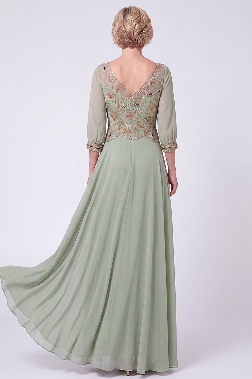 Green Beaded A Line V-Neck Chiffon Long Mother of the Bride Dress with Sleeves