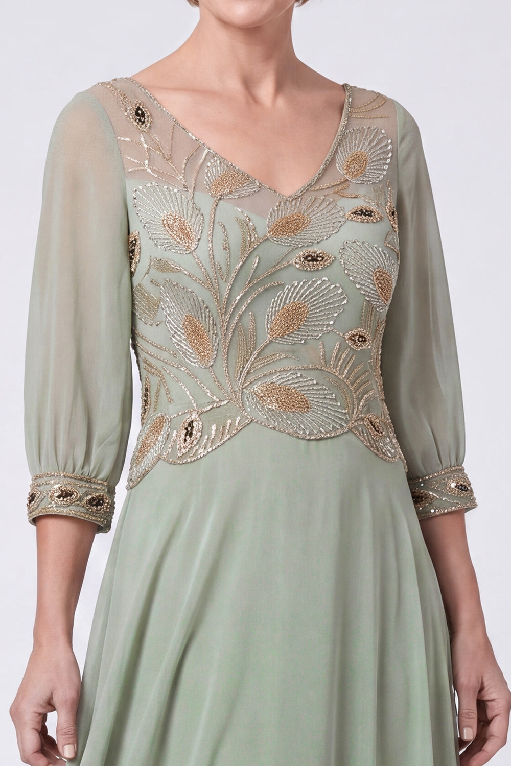 Green Beaded A Line V-Neck Chiffon Long Mother of the Bride Dress with Sleeves