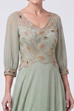 Green Beaded A Line V-Neck Chiffon Long Mother of the Bride Dress with Sleeves