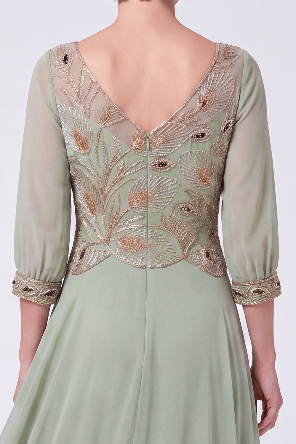 Green Beaded A Line V-Neck Chiffon Long Mother of the Bride Dress with Sleeves