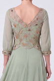 Green Beaded A Line V-Neck Chiffon Long Mother of the Bride Dress with Sleeves