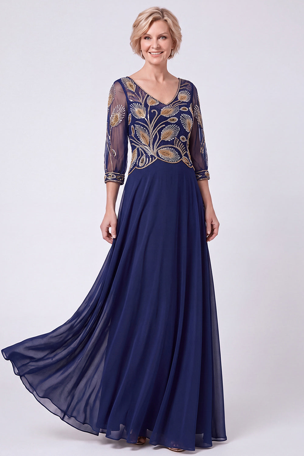 Green Beaded A Line V-Neck Chiffon Long Mother of the Bride Dress with Sleeves