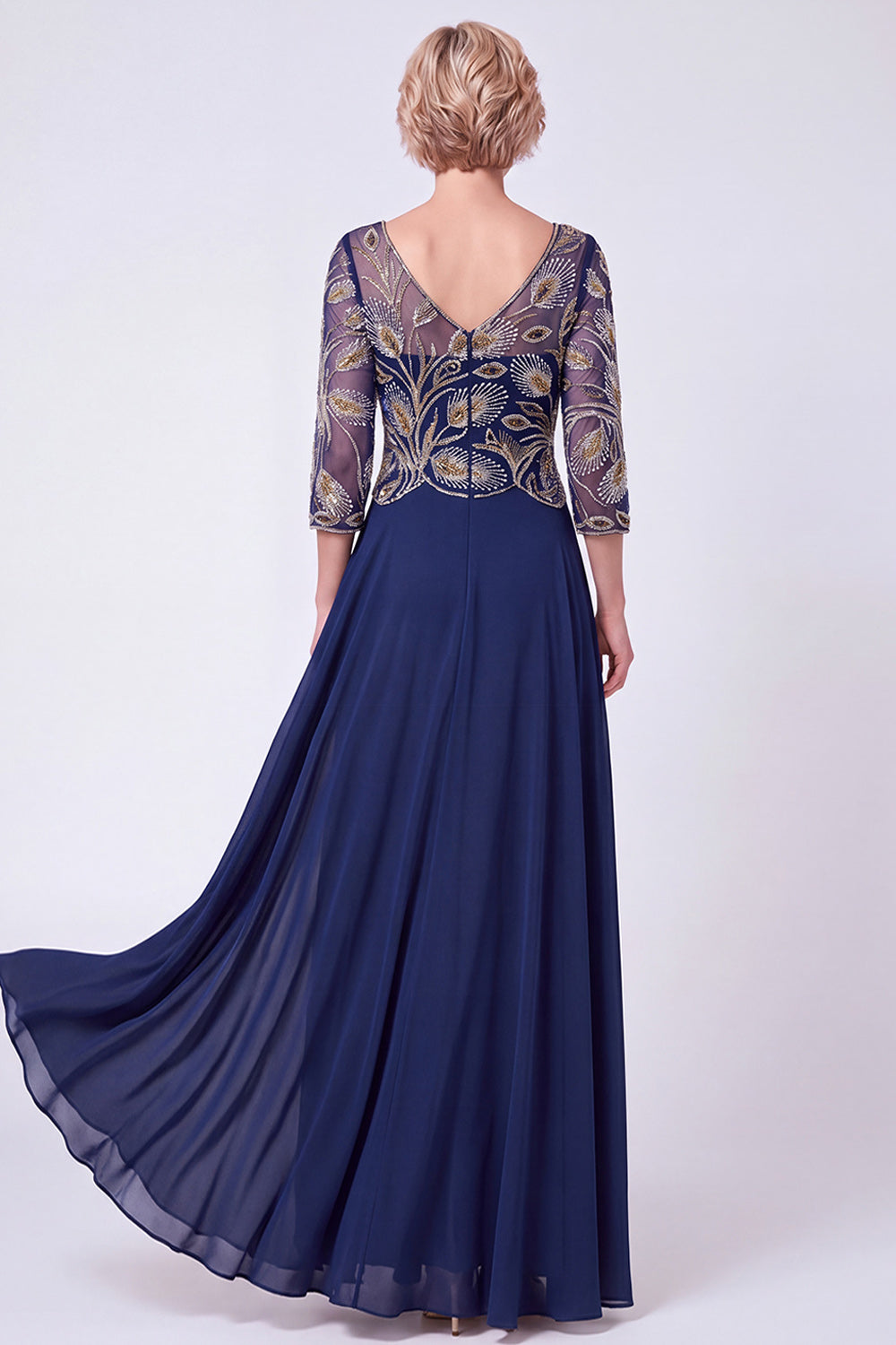 Green Beaded A Line V-Neck Chiffon Long Mother of the Bride Dress with Sleeves
