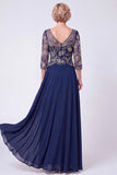 Green Beaded A Line V-Neck Chiffon Long Mother of the Bride Dress with Sleeves