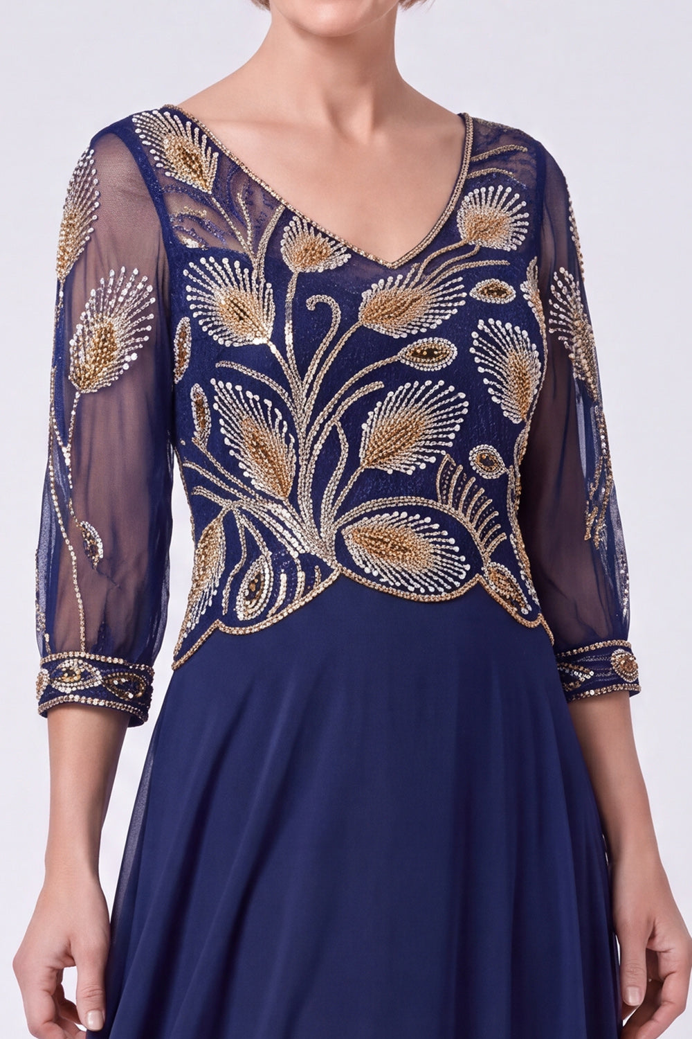 Green Beaded A Line V-Neck Chiffon Long Mother of the Bride Dress with Sleeves