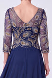 Green Beaded A Line V-Neck Chiffon Long Mother of the Bride Dress with Sleeves