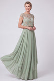 Green Beaded Illusion Boat Neck Cap Sleeves Chiffon Long Mother of the Bride Dress