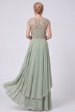 Green Beaded Illusion Boat Neck Cap Sleeves Chiffon Long Mother of the Bride Dress
