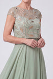 Green Beaded Illusion Boat Neck Cap Sleeves Chiffon Long Mother of the Bride Dress