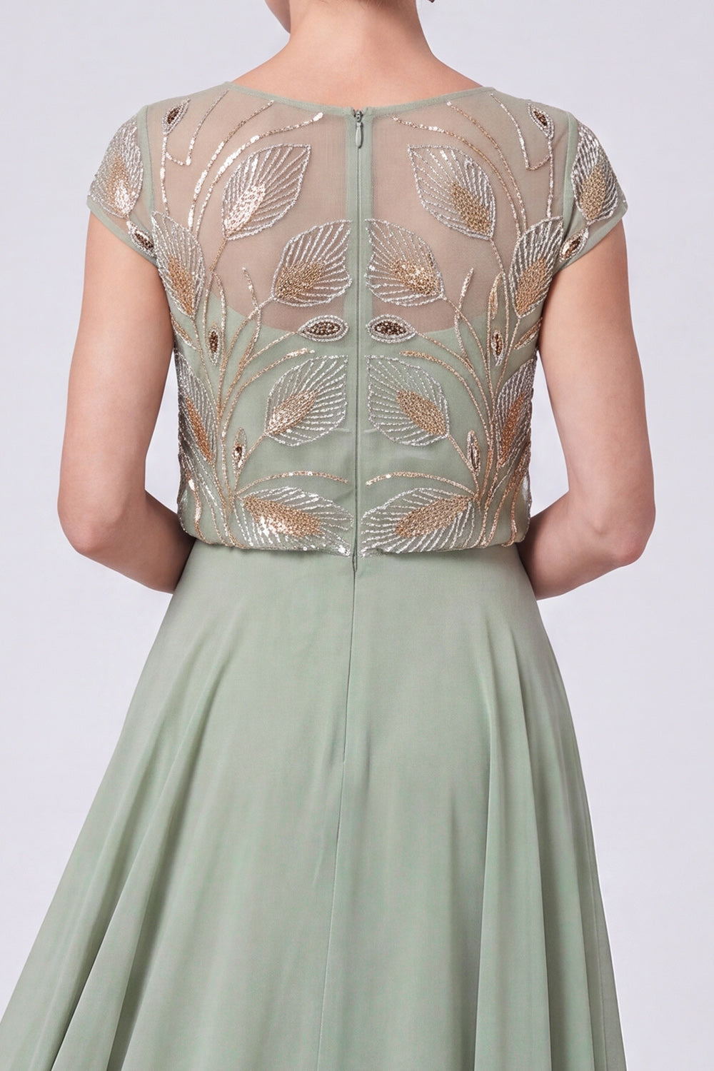 Green Beaded Illusion Boat Neck Cap Sleeves Chiffon Long Mother of the Bride Dress