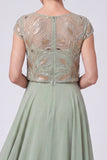 Green Beaded Illusion Boat Neck Cap Sleeves Chiffon Long Mother of the Bride Dress