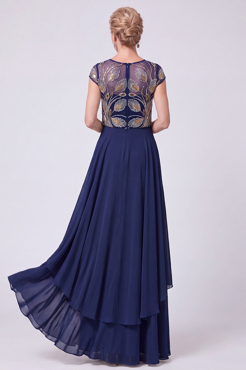 Green Beaded Illusion Boat Neck Cap Sleeves Chiffon Long Mother of the Bride Dress
