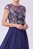 Green Beaded Illusion Boat Neck Cap Sleeves Chiffon Long Mother of the Bride Dress