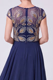 Green Beaded Illusion Boat Neck Cap Sleeves Chiffon Long Mother of the Bride Dress