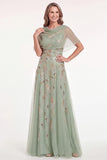 Green Tulle Beaded A Line Long Mother of the Bride Dress with Cape